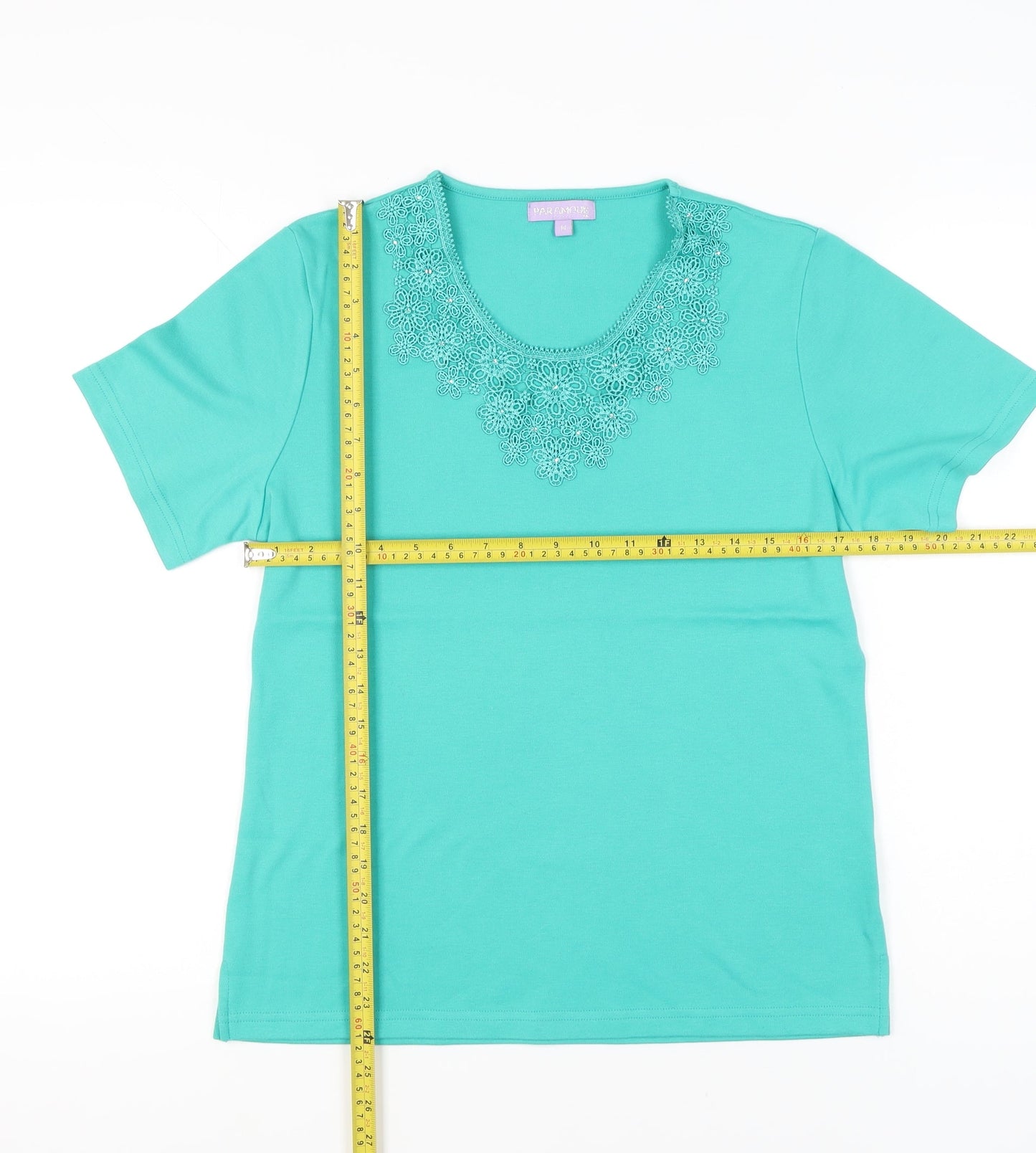 Paramour Womens Green Crochet Neck Short Sleeve T-Shirt Size M