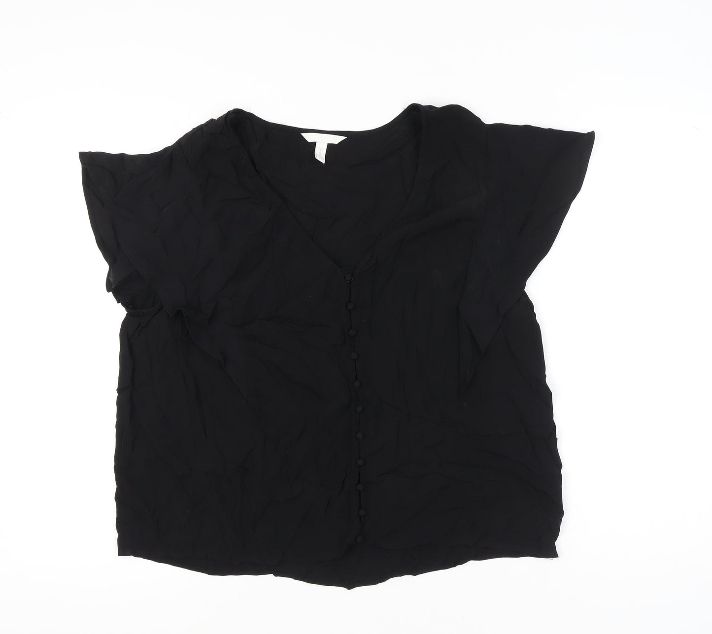 H&M Women’s Black Viscose Blouse XL Short Sleeve Button Front