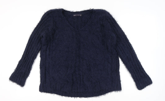 Marks and Spencer Womens Blue L V-Neck Chunky Knit Pullover Jumper
