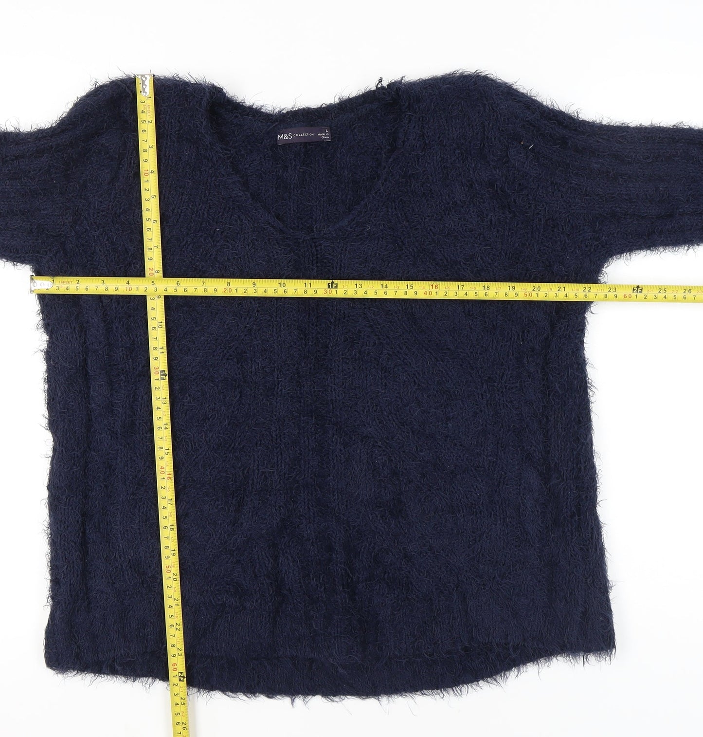 Marks and Spencer Womens Blue L V-Neck Chunky Knit Pullover Jumper