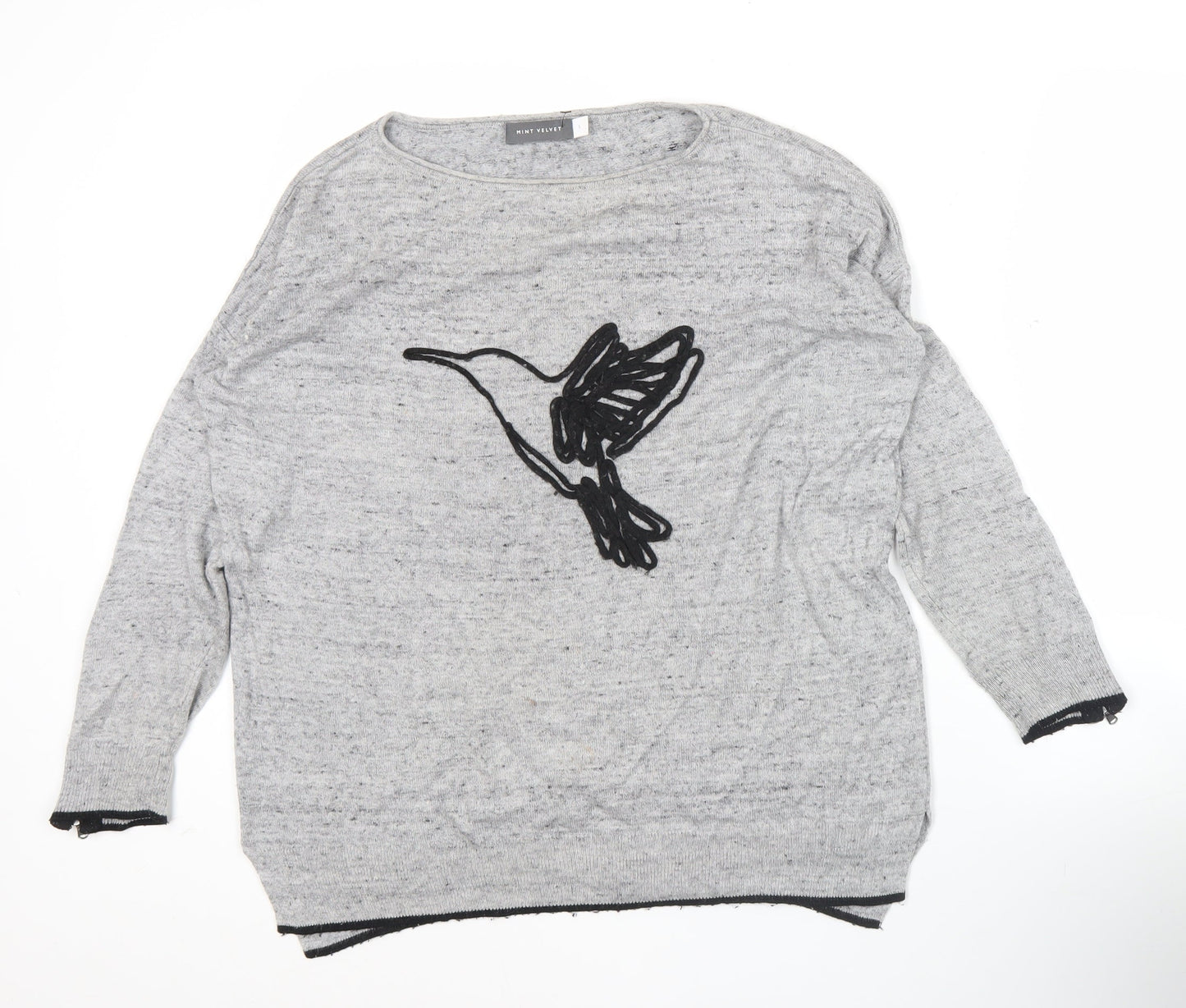 Mint Velvet Women’s Grey Wool Blend Jumper S Crew Neck Bird Motif