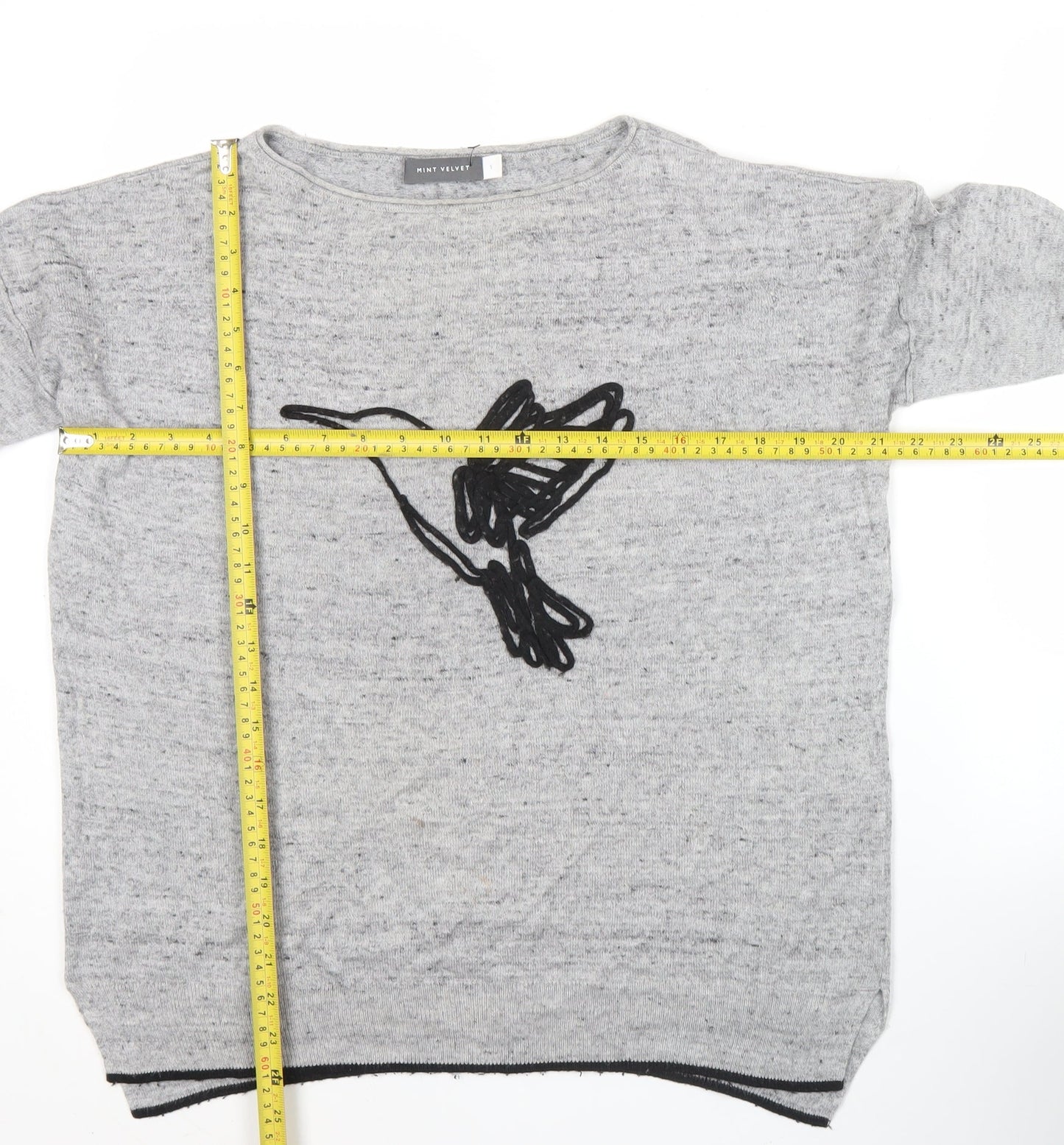 Mint Velvet Women’s Grey Wool Blend Jumper S Crew Neck Bird Motif