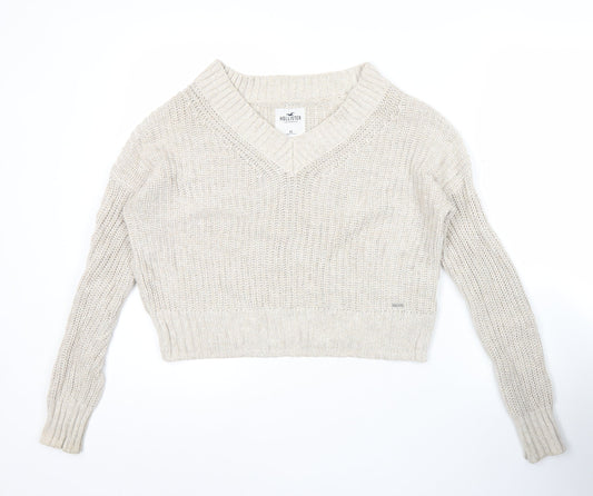Hollister Women’s Beige XS V-Neck Chunky Knit Pullover Jumper