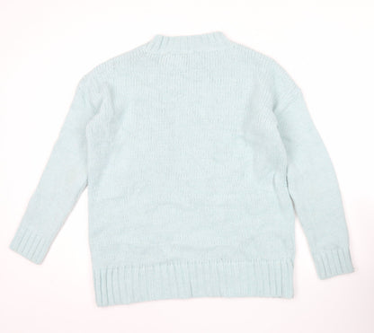 Close-up detail of French Connection women’s blue crew neck chunky knit jumper, size S