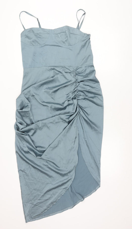 Cider Women’s Blue Midi Slip Dress L Ruched Strappy Polyester