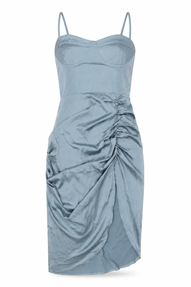 Cider Women’s Blue Midi Slip Dress L Ruched Strappy Polyester