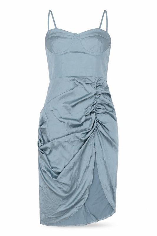 Cider Women’s Blue Midi Slip Dress L Ruched Strappy Polyester