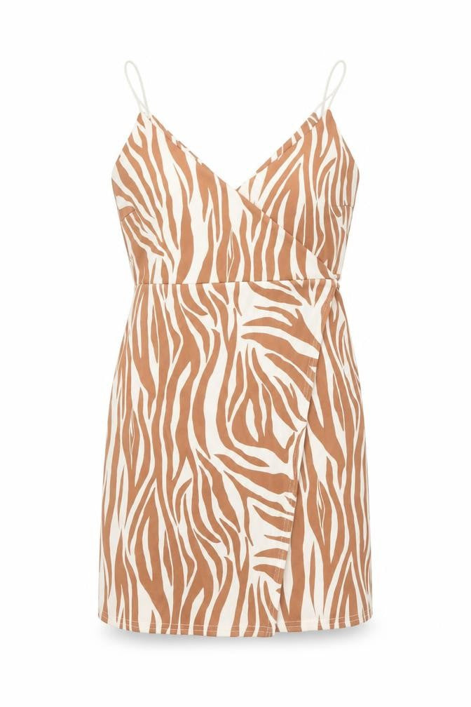 Front view of ASOS Women’s Brown Zebra Print Slip Dress, size UK 12, Summer Casual