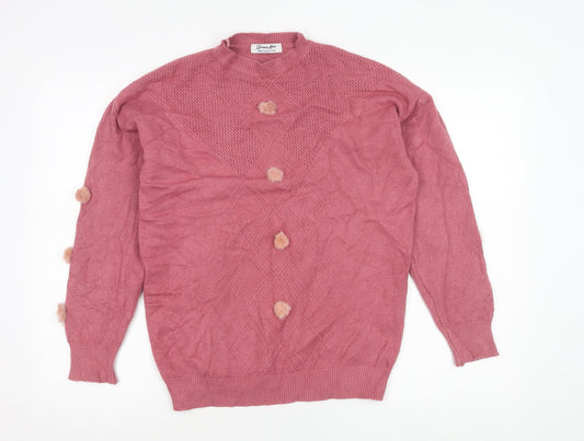 Donia Max Womens Pink Crew Neck Pullover Jumper One Size Fur Trim