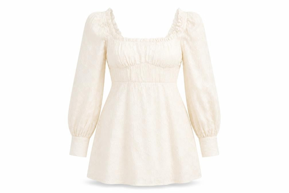 Boohoo Women Ivory Mini Dress Size 8 Puff Sleeve Square Neck Party