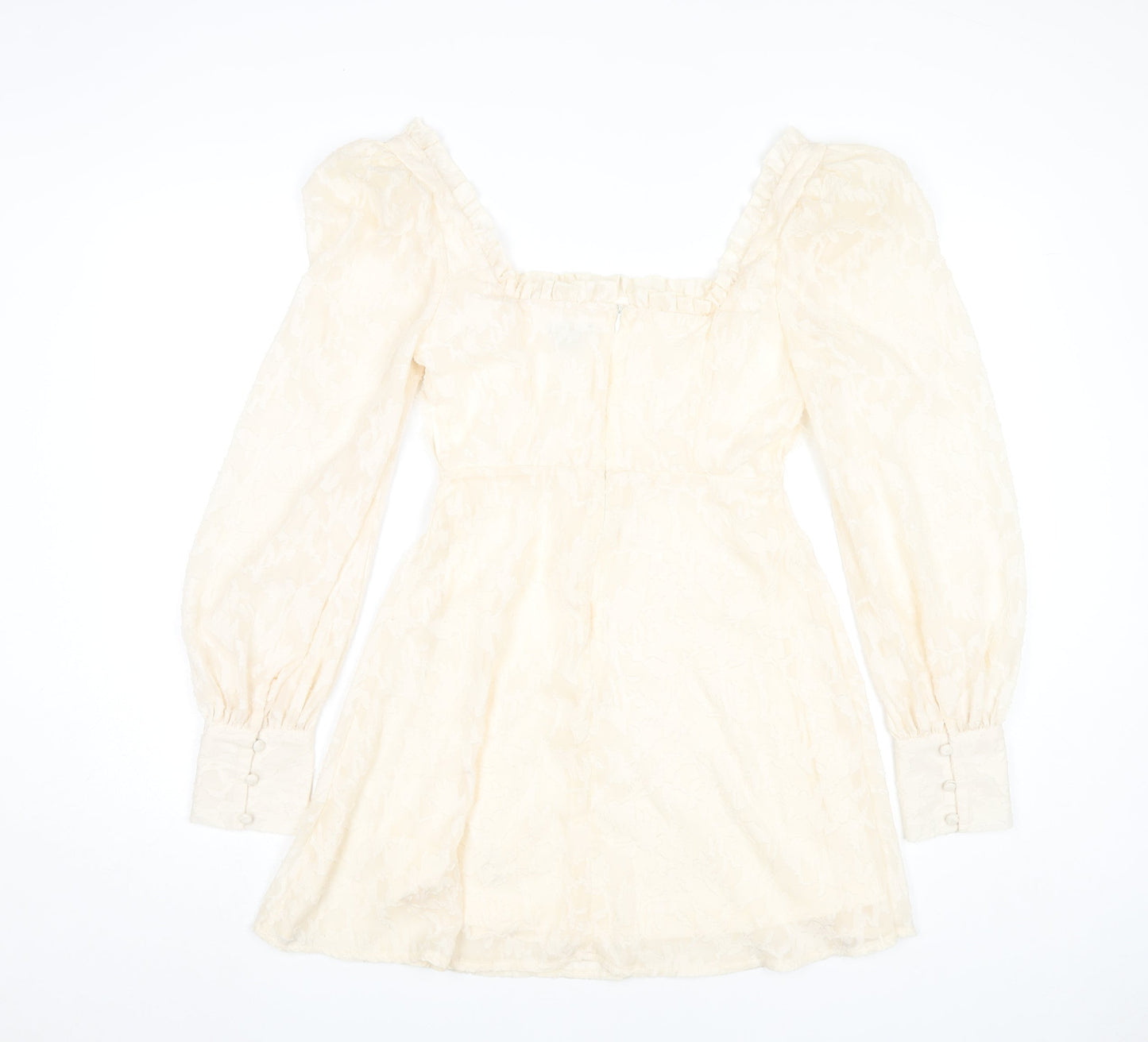 Boohoo Women Ivory Mini Dress Size 8 Puff Sleeve Square Neck Party