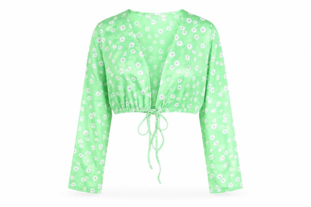 Bershka Women's Green Floral Cropped V-Neck Blouse Size S
