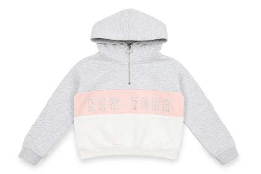 H&M Girls Grey Pink White Colourblock Hoodie 9-10Y Half Zip Hooded Sweatshirt