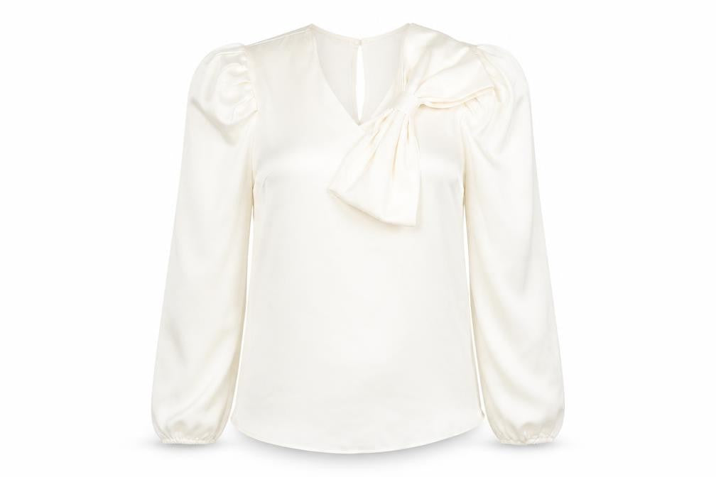 F&F Women’s Ivory Long Sleeve Puff Sleeve Bow Blouse UK 12