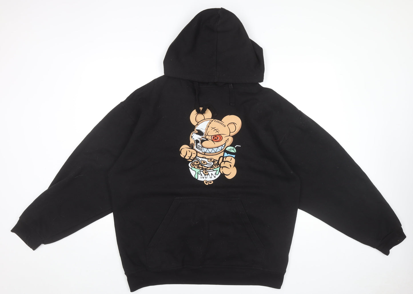 boohooMAN Men’s Black Pullover Hoodie Medium Cartoon Graphic Print