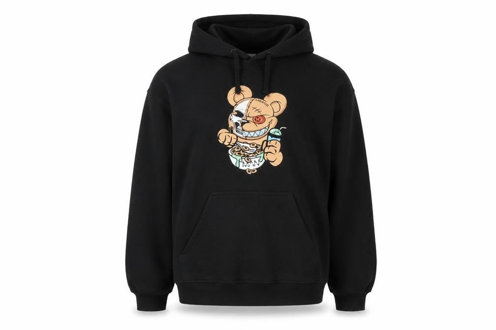 boohooMAN Men’s Black Pullover Hoodie Medium Cartoon Graphic Print