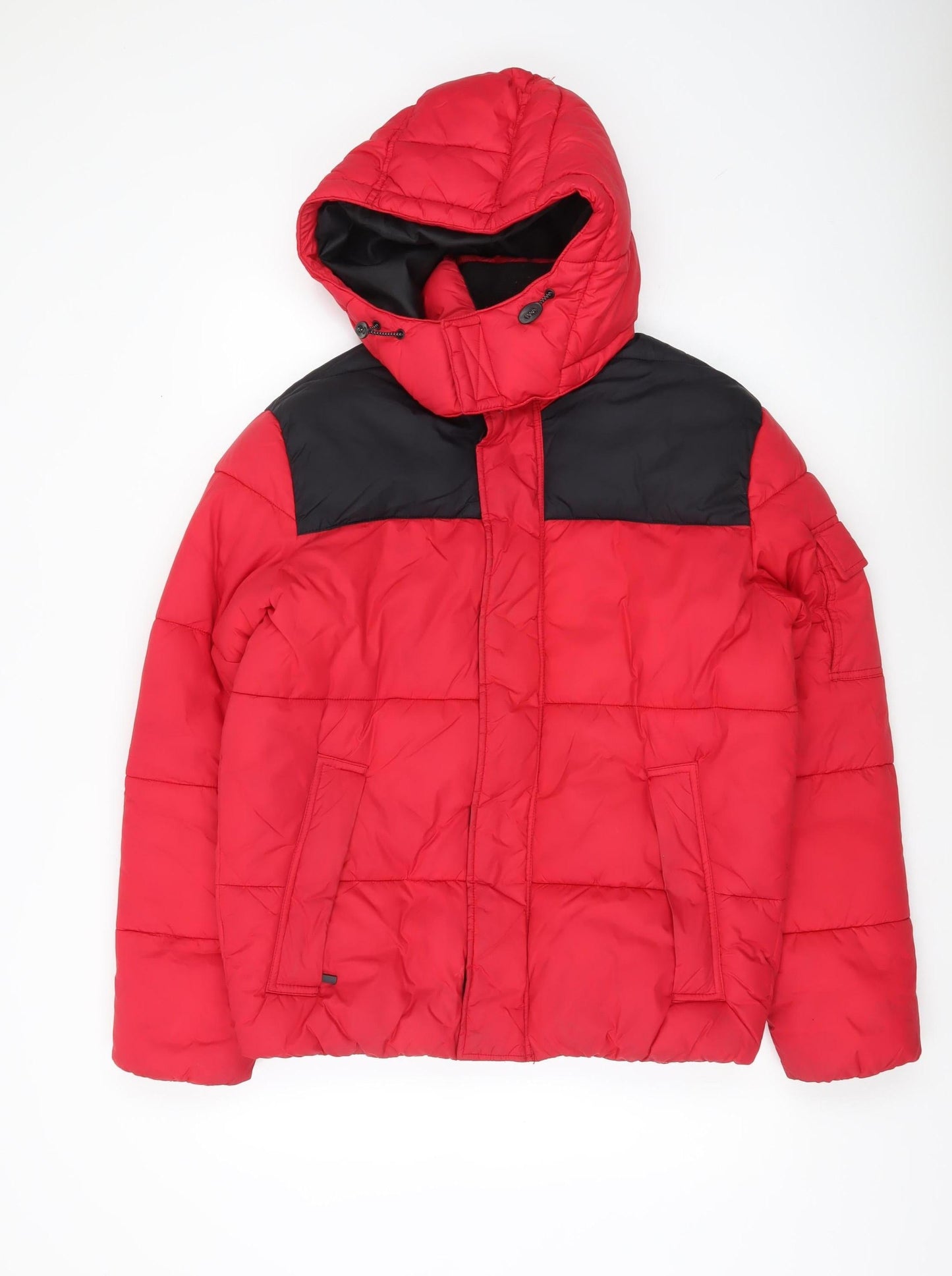 H&M Men’s Red Puffer Jacket S Hooded Quilted Insulated Winter Coat