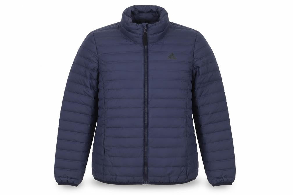 Front view of Adidas women’s blue puffer jacket uk 8-10 lightweight insulated coat