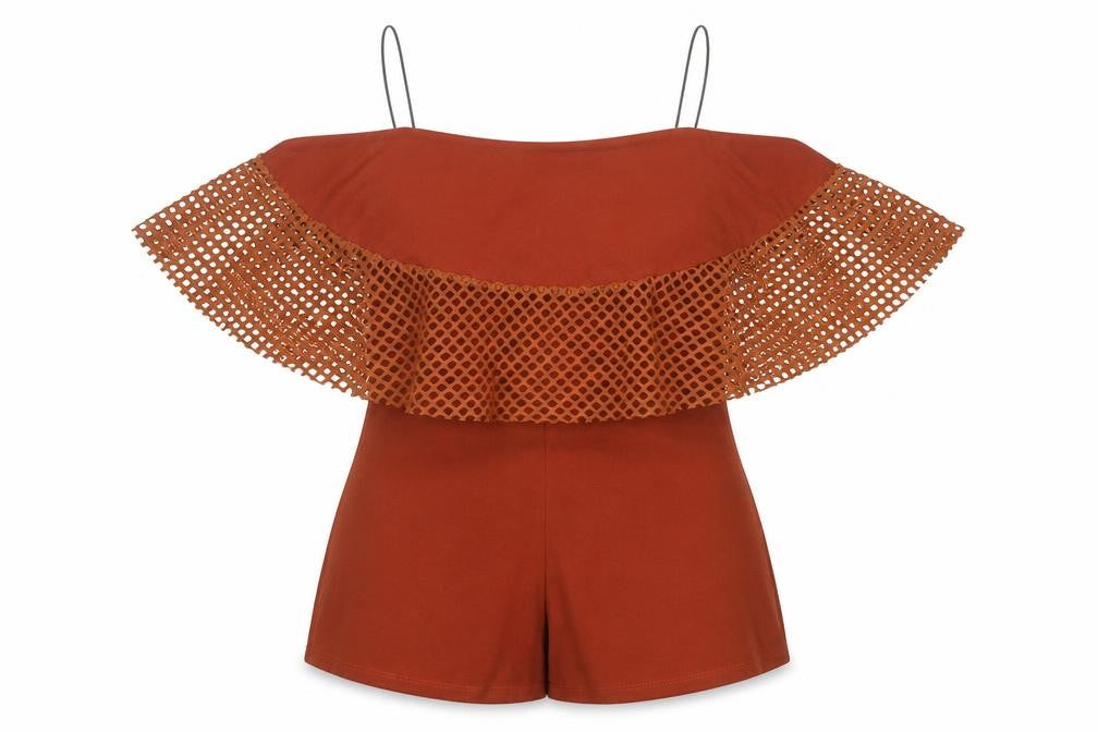Boohoo Women’s Brown Size 10 Off Shoulder Ruffle Playsuit