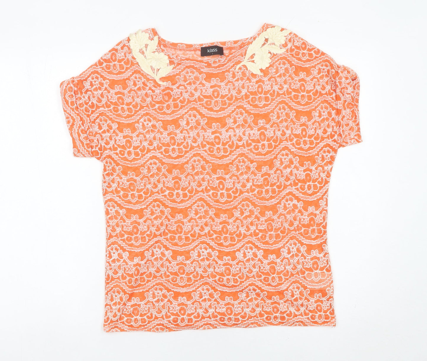 Klass Women’s Orange Lace Floral Short Sleeve T-Shirt Size L