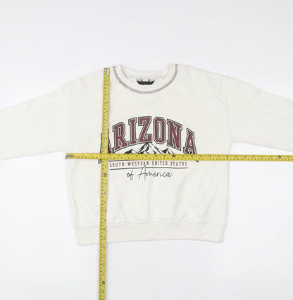 Back view of New Look girls’ white arizona sweatshirt age 12-13 graphic pullover