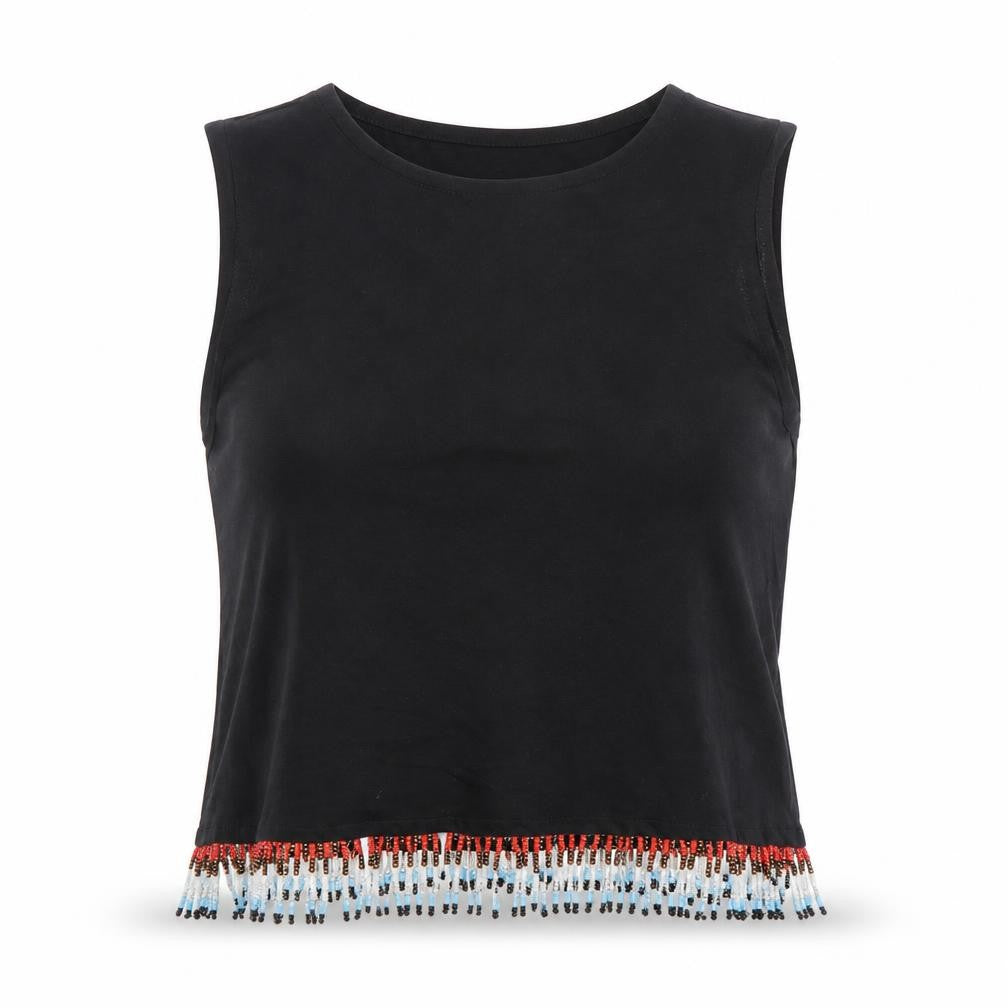 Front view of ASOS women’s black cotton beaded cropped tank top, size UK 8