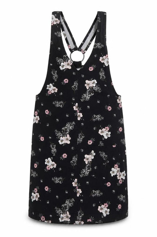 H&M Women Black Floral Pinafore Dress Size 6 Cotton Stretch