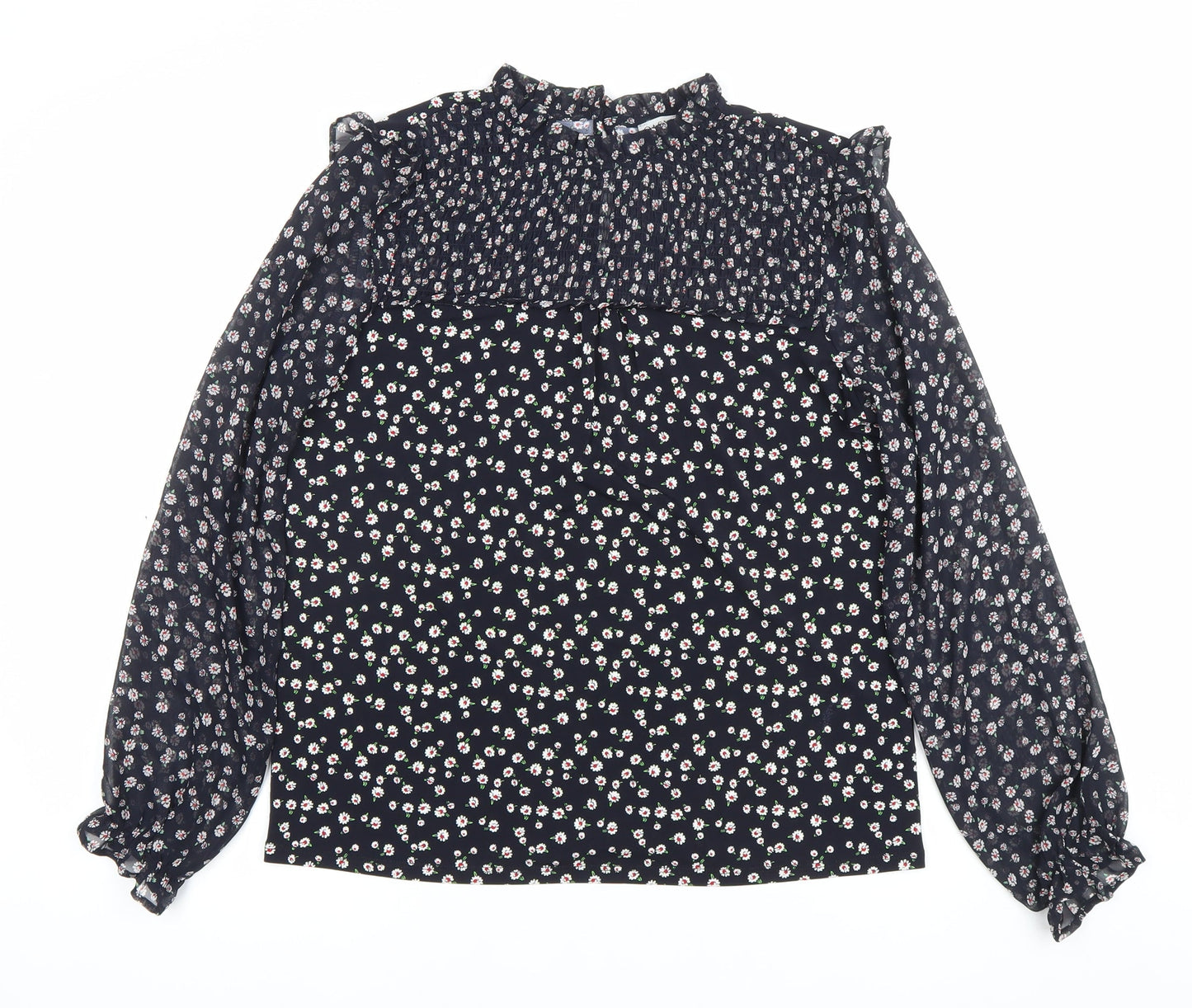 Oasis Womens Black Floral Chiffon Long Sleeve High Neck Blouse Size S