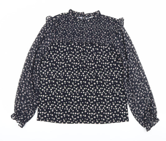 Oasis Womens Black Floral Chiffon Long Sleeve High Neck Blouse Size S