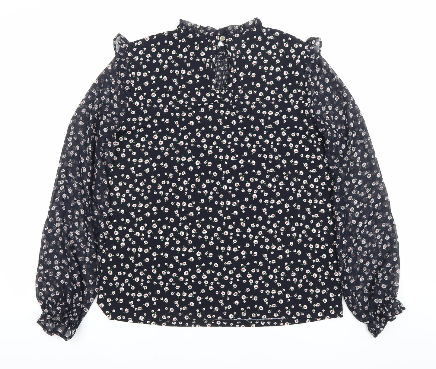 Oasis Womens Black Floral Chiffon Long Sleeve High Neck Blouse Size S