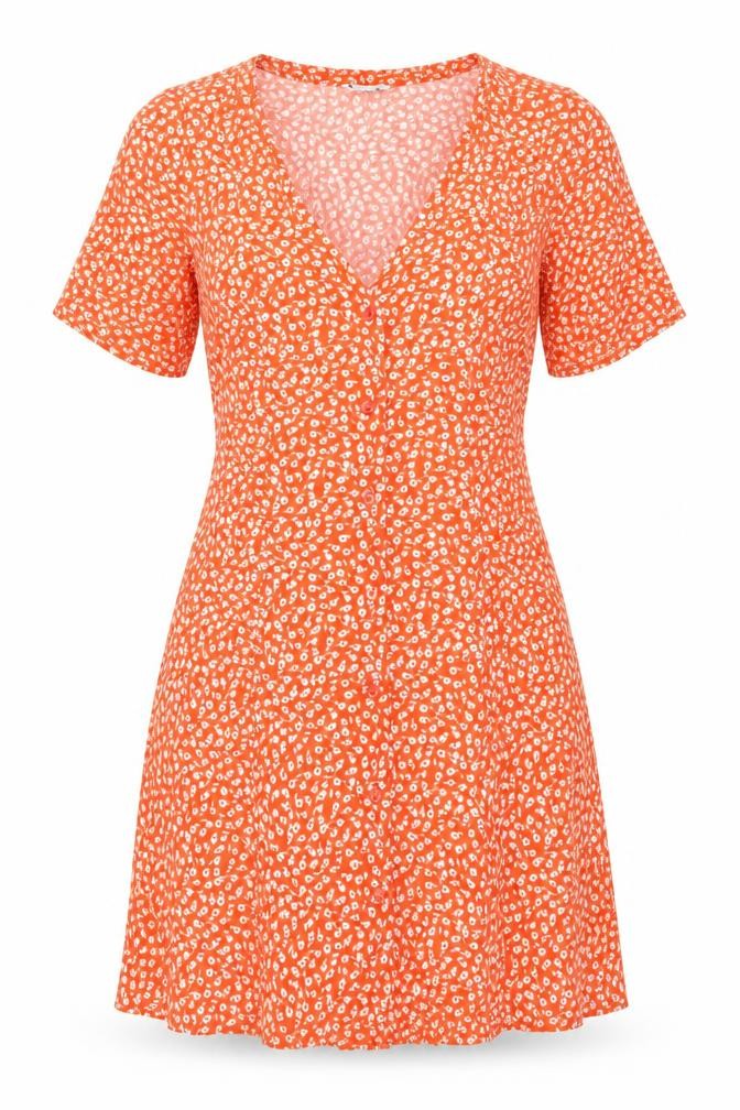 Monki Women’s Orange Floral A-Line Midi Dress Size S Viscose