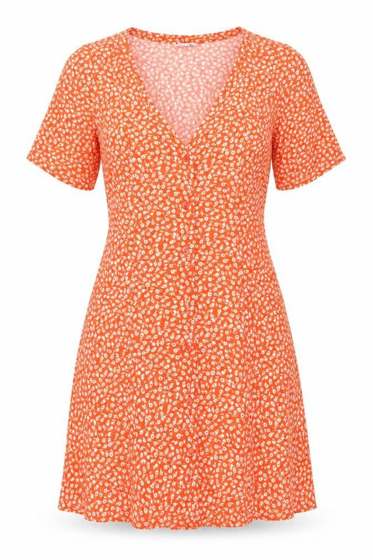 Monki Women’s Orange Floral A-Line Midi Dress Size S Viscose