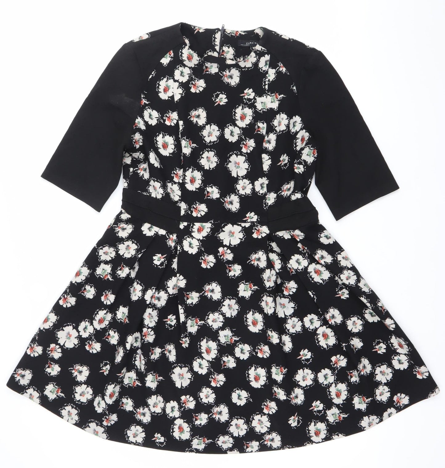 Zara Women Black Floral Fit & Flare V-Neck Dress Size L