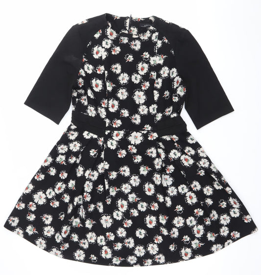 Zara Women Black Floral Fit & Flare V-Neck Dress Size L