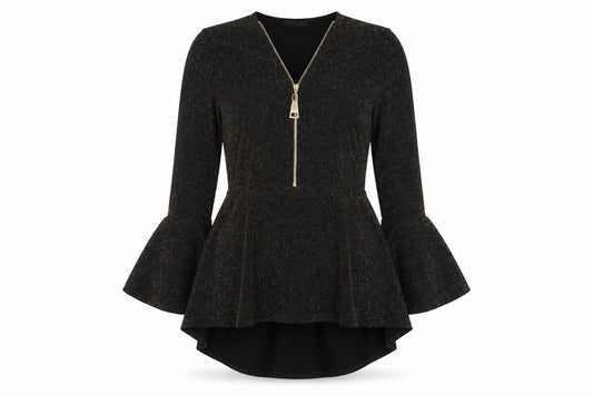 Quiz Women’s Black Glitter Fit & Flare Dress Size 14 Party Zip Bell Sleeve