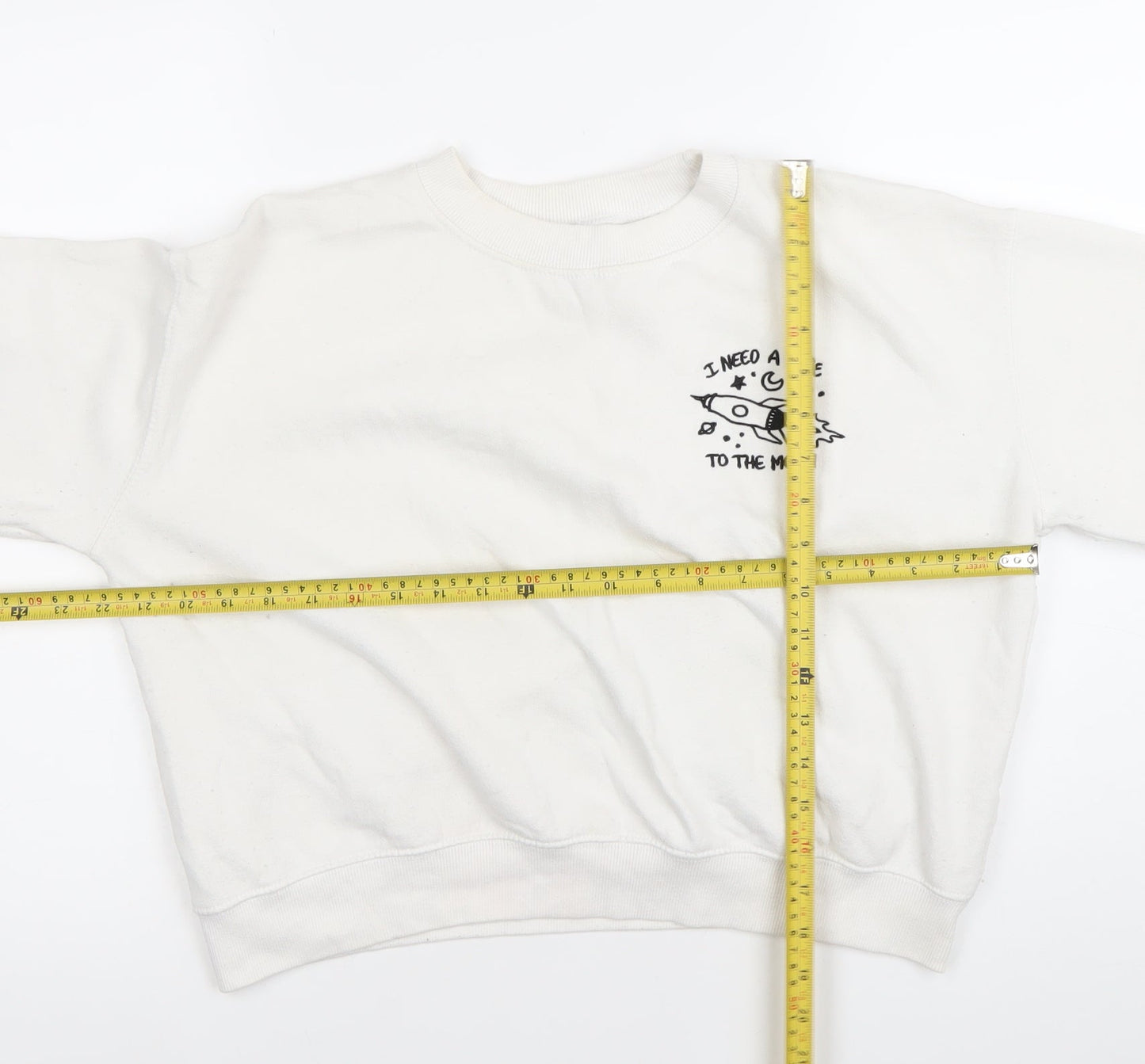 Pull&Bear Women’s White Sweatshirt Size 10 Graphic Print Crew Neck