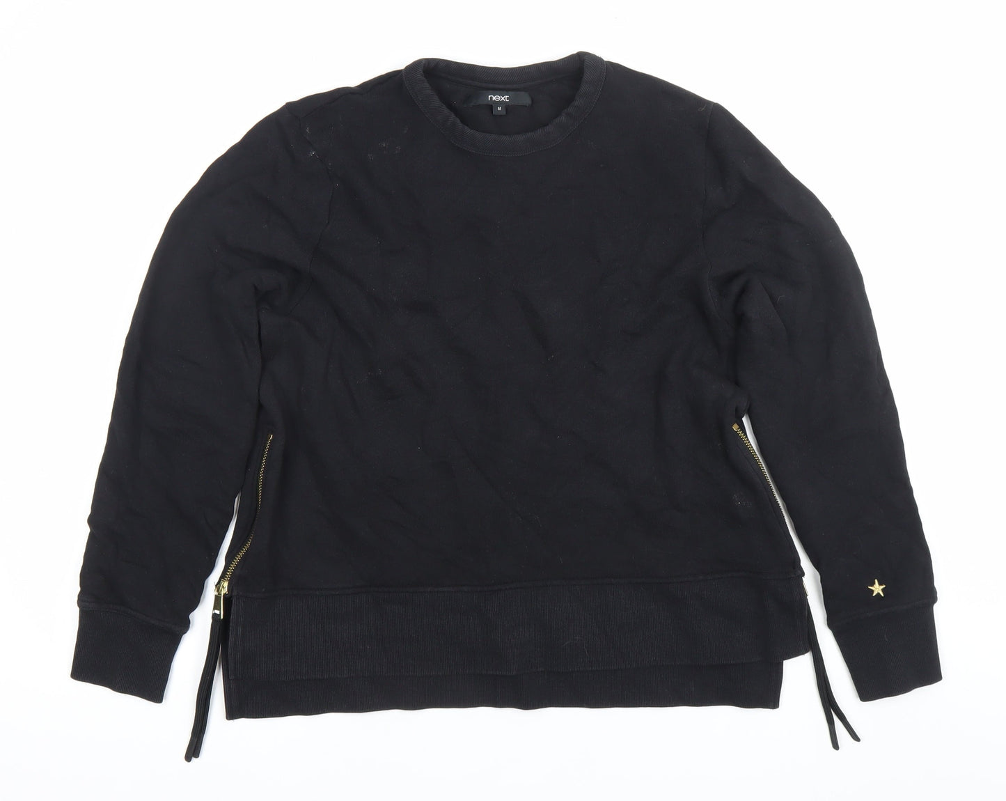 Next Womens Black Medium Sweatshirt Crew Neck Long Sleeve Cotton Zip Detail