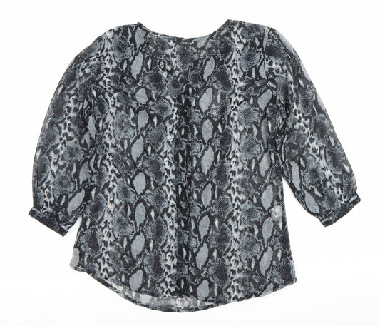 Globus Womens Grey Snake Print Tunic Blouse S 3/4 Sleeve Chiffon