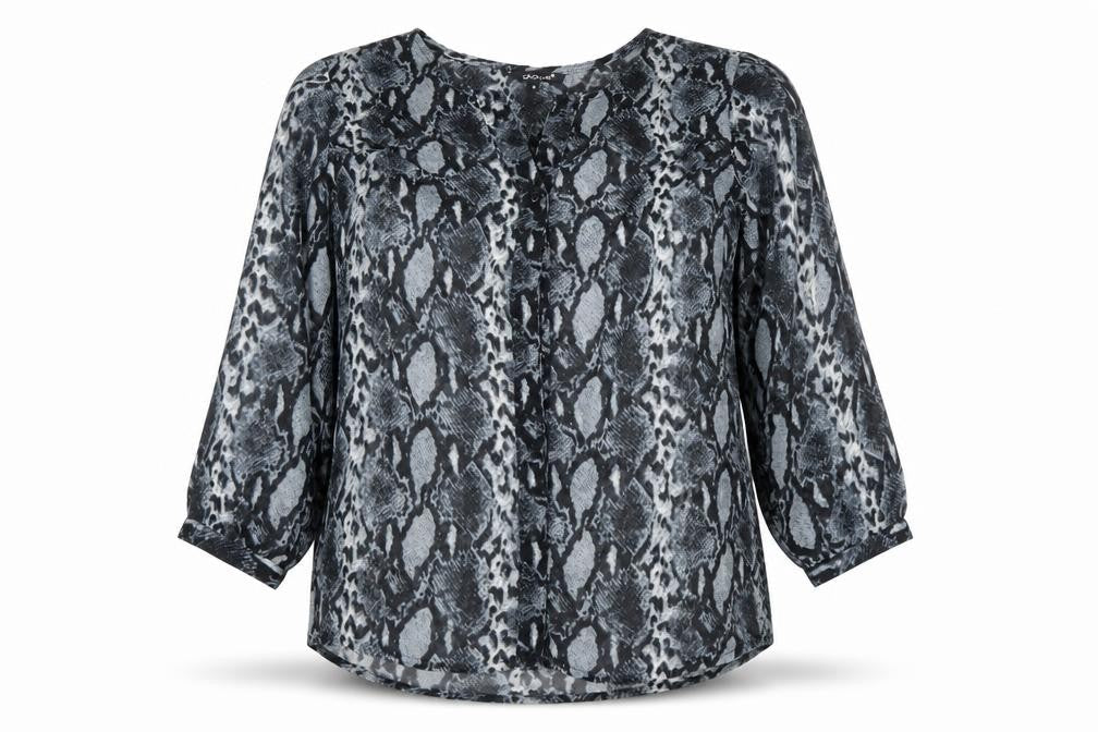 Globus Womens Grey Snake Print Tunic Blouse S 3/4 Sleeve Chiffon
