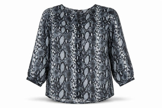 Globus Womens Grey Snake Print Tunic Blouse S 3/4 Sleeve Chiffon