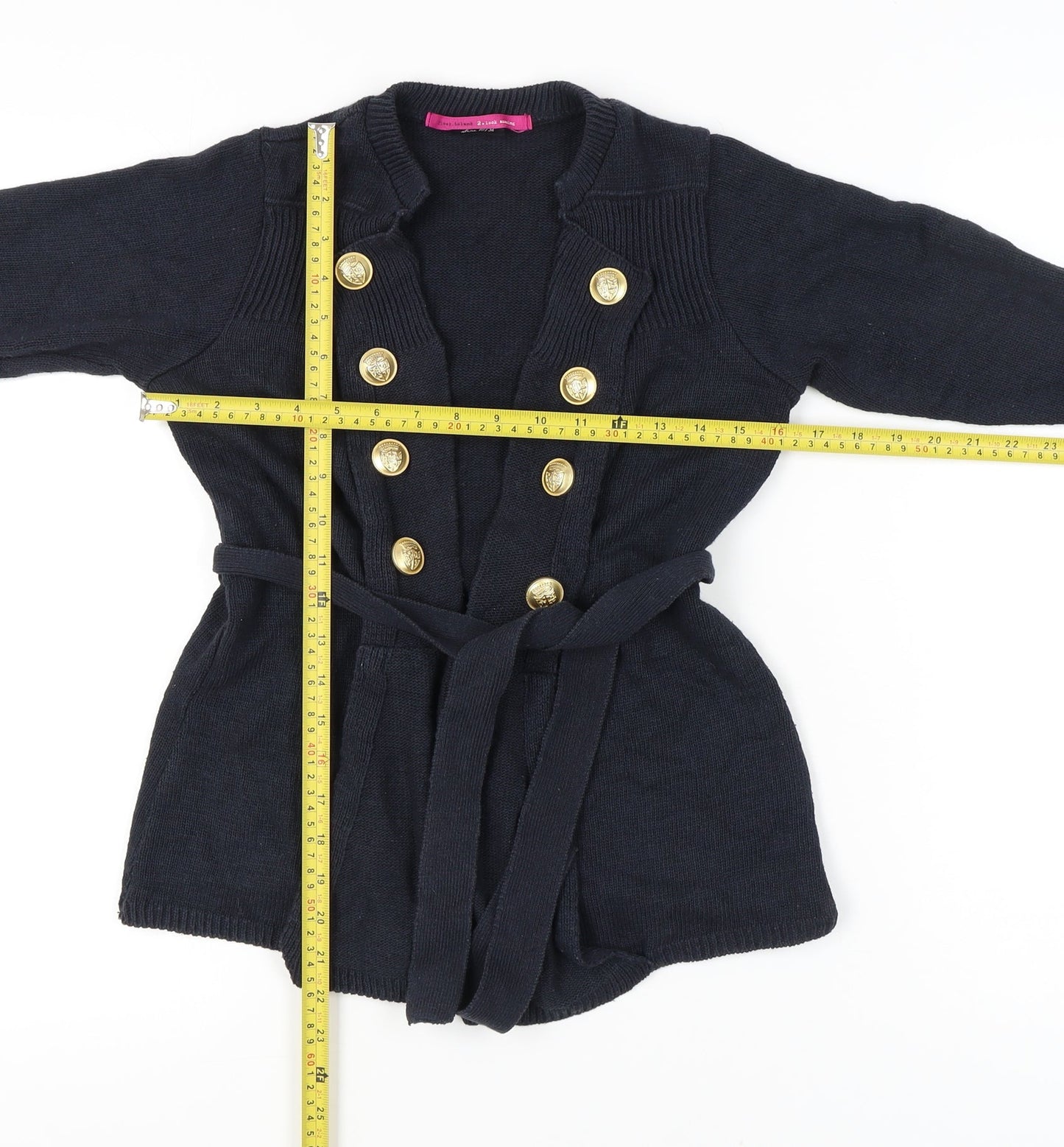 River Island Womens Black Cardigan Size 10 Belted Gold Button Knit