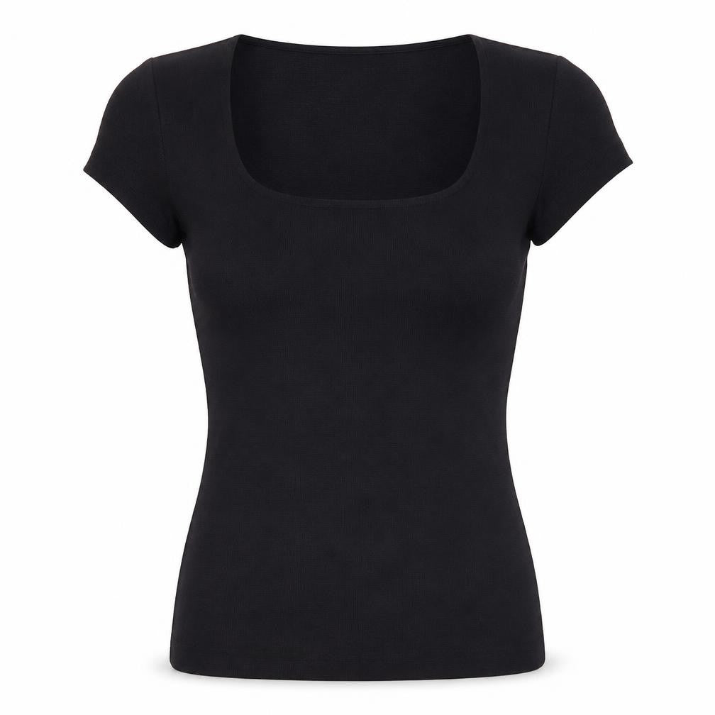 Planet Women’s Black Slim Fit Short Sleeve Square Neck T-Shirt Top Size M