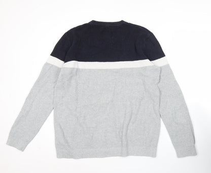 Jack & Jones Mens Grey & Black Striped Cotton Pullover Jumper L