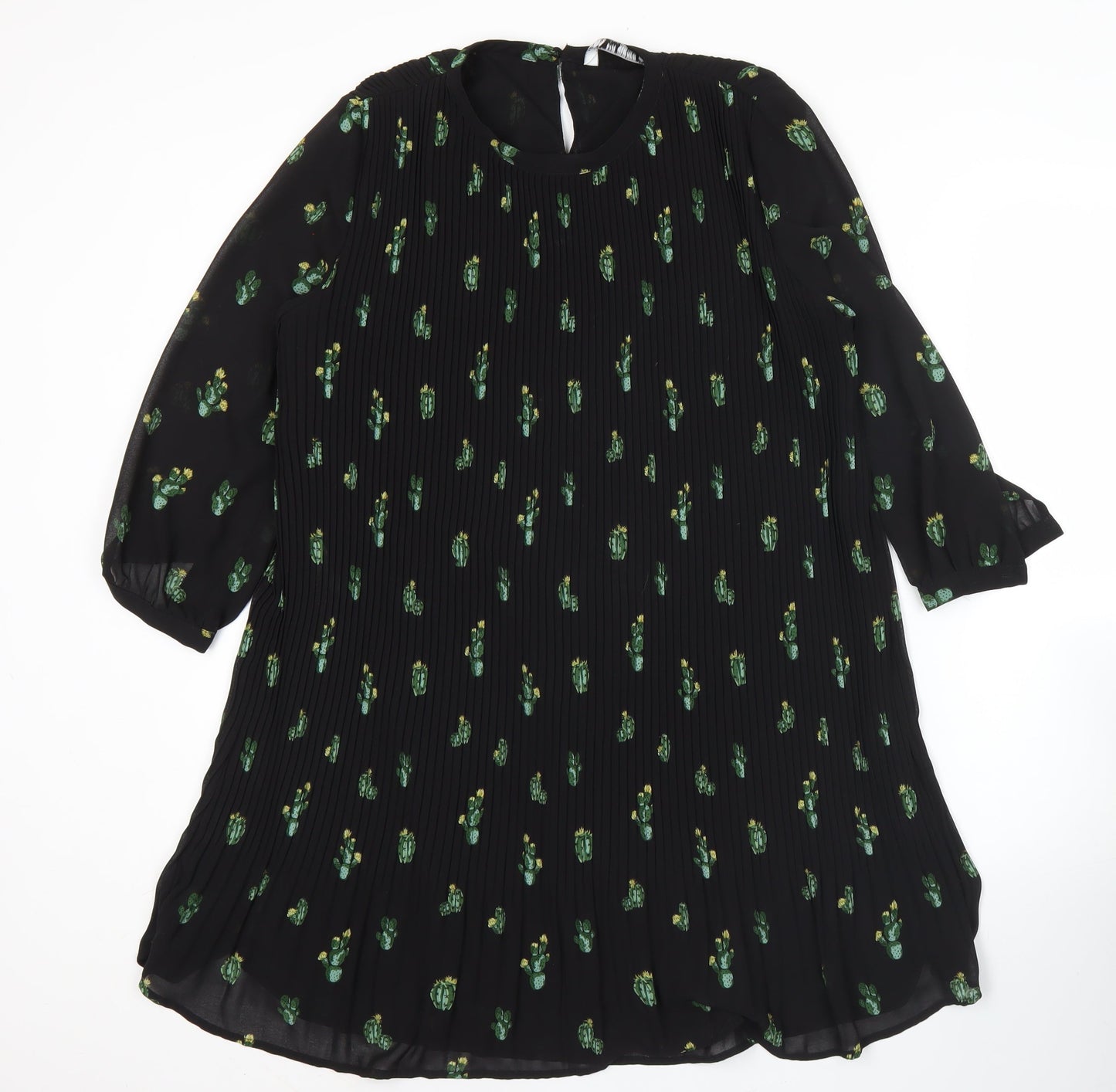 Zara Women Black XS Shift Dress Floral Pleated 3/4 Sleeve