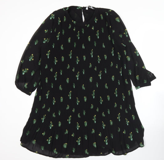 Zara Women Black XS Shift Dress Floral Pleated 3/4 Sleeve