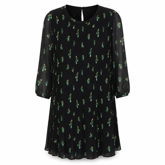 Zara Women Black XS Shift Dress Floral Pleated 3/4 Sleeve