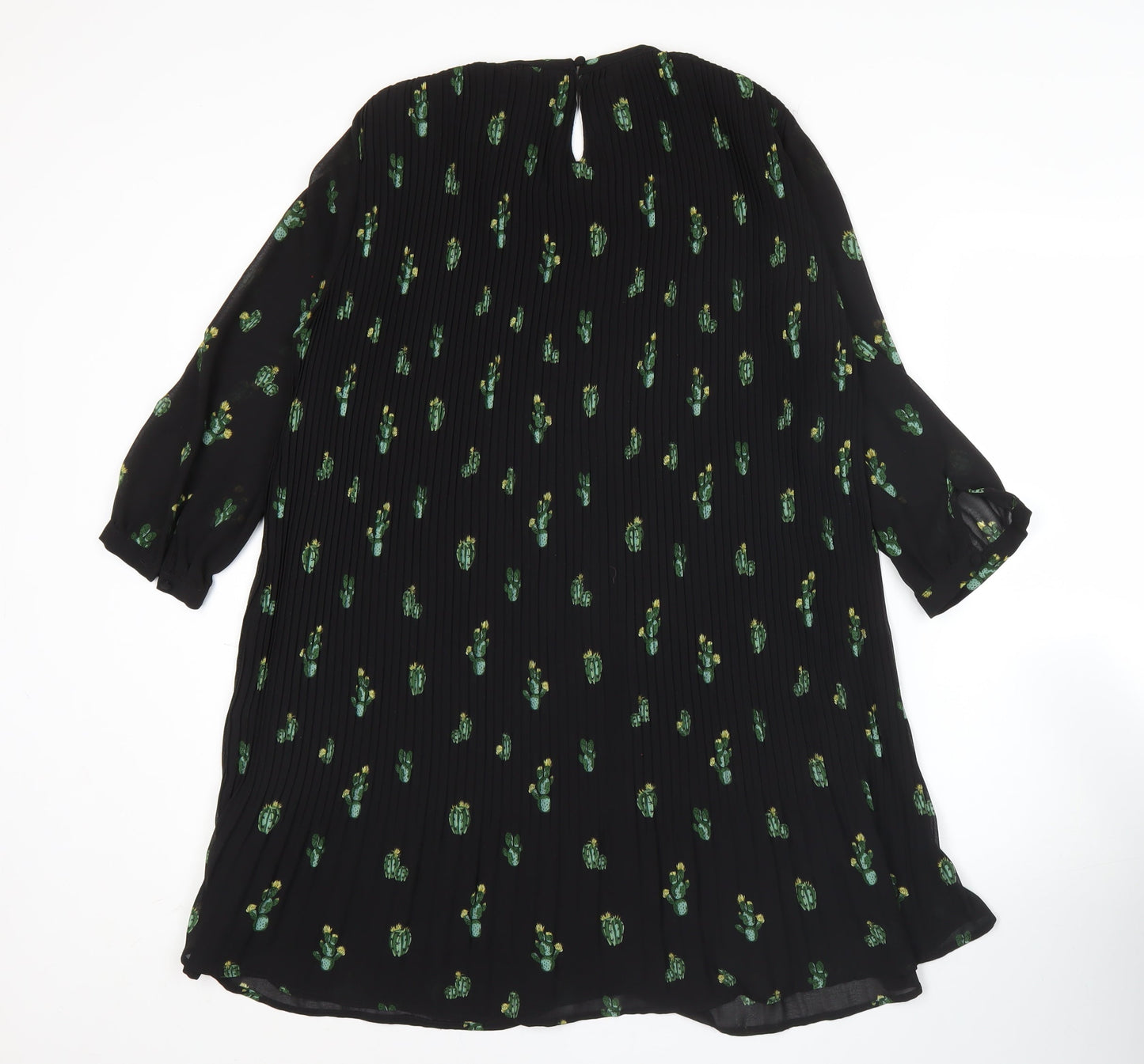 Zara Women Black XS Shift Dress Floral Pleated 3/4 Sleeve