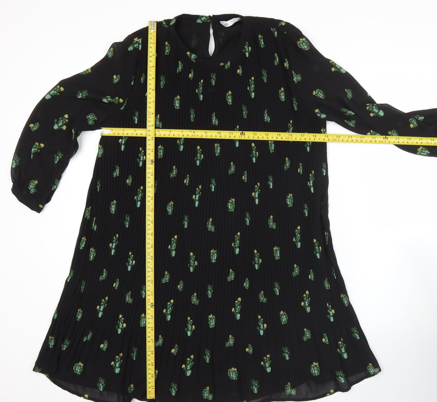 Zara Women Black XS Shift Dress Floral Pleated 3/4 Sleeve