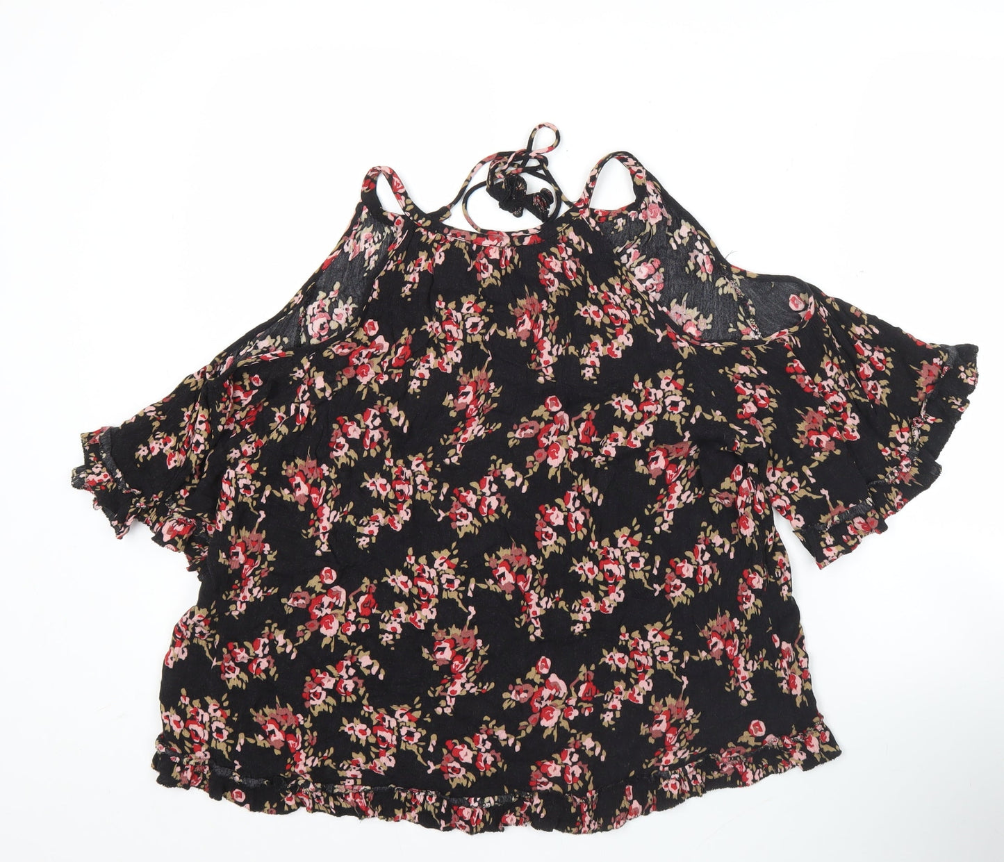 AND/OR Womens Black Floral Cold Shoulder Blouse Size 12 Summer Top