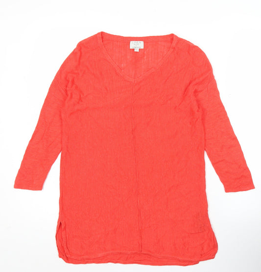 Monsoon Womens Red Linen Blend Tunic Blouse S Long Sleeve V-Neck